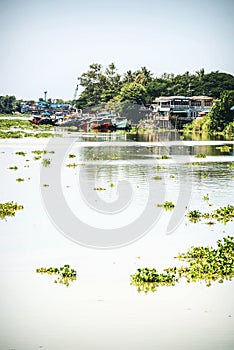 Houses and boats on the river in Thailand in Ayutthaya