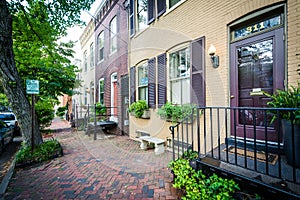 Houses and brick sidewalk in the Old Town of Alexandria, Virginia. photo