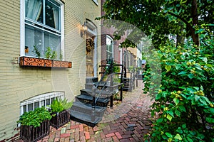 Houses and brick sidewalk in the Old Town of Alexandria, Virginia.