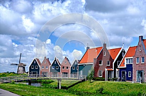Houses and Bridge at Marine park Volendam,Holland photo