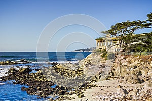 Houses build on the cliffs on the Pacific Ocean, Carmel-by-the-Sea, Monterey Peninsula, California