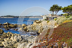 Houses build on the cliffs on the Pacific Ocean, Carmel-by-the-Sea, Monterey Peninsula, California