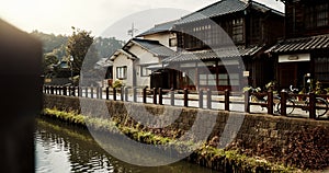 Houses, building and canal with trees in Japan of architecture, structure or natural scenery in neighborhood. Japanese