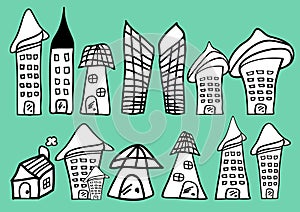 Houses and buildings cartoon icon vector illustration, Home hand drawn in Black and white