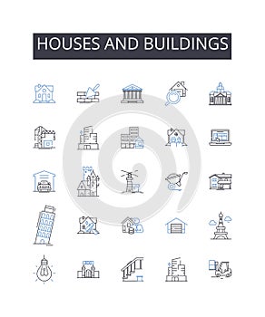 Houses and buildings line icons collection. Analysis, Data, Insights, Metrics, Trends, Observations, Patterns vector and