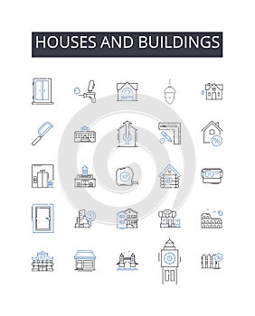 Houses and buildings line icons collection. Dwellings, Residences, Structures, Edifices, Condominiums, Apartments
