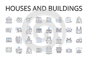 Houses and buildings line icons collection. Dwellings, Residences, Structures, Edifices, Condominiums, Apartments