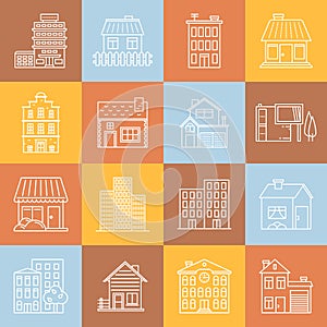 Houses and buildings lineart minimal vector iconset on multicolor checkered texture