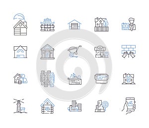 Houses and buildings outline icons collection. Homes, Dwellings, Abodes, Structures, Edifices, Mansions, Abbeys vector