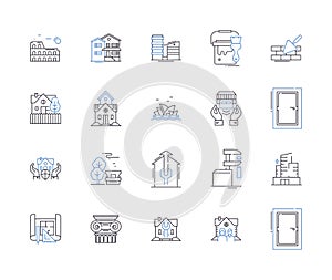 Houses and buildings outline icons collection. Homes, Dwellings, Abodes, Structures, Edifices, Mansions, Abbeys vector photo
