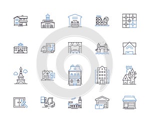 Houses and buildings outline icons collection. Homes, Dwellings, Abodes, Structures, Edifices, Mansions, Abbeys vector photo
