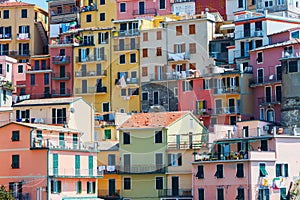 Houses built at a hill in Manarola, Cinque Terre, Italy