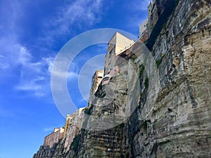 Houses built on the sheer cliffs of the city of Tropea in Italy