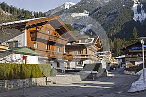 Houses built in the traditional Tyrolean style. Mayrhofen, Austria.