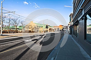 The houses and bus, transit Terminal on Charles Street in downtown Kitchener, Ontario, Canada.