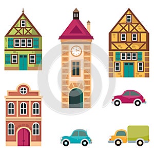 Houses and car icon, cottage buildings set, vector cartoon illustration, exterior design, facade, front view