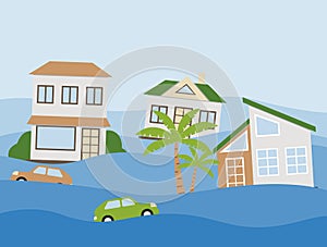 Houses and cars flooding under water concept. Flood natural disaster with rainstorm, weather hazard. Global warming and climate