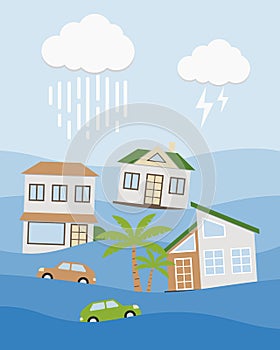 Houses and cars flooding under water concept. Flood natural disaster with rainstorm, weather hazard. Global warming and climate