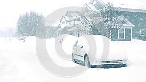 Houses And Cars In Snowstorm