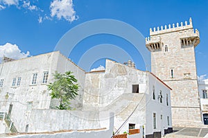 houses and castle tower built with marble in the medieval village of Estremoz, Alentejo Region, Portugal