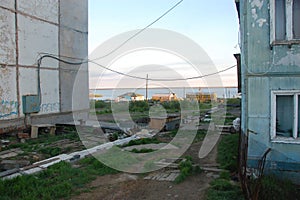 Houses of Chersky town at Kolyma river coast