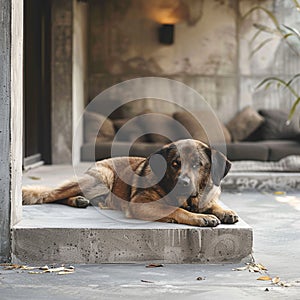 A houses concrete haven, a contented dark brown dog lounges