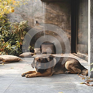 A houses concrete haven, a contented dark brown dog lounges