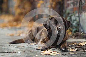 A houses concrete haven, a contented dark brown dog lounges