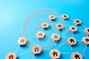 Houses connected by lines. Internet service communication. IoT. Utilities. Consolidation of households. Association of residential