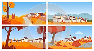 Houses cottages in autumn town or village landscape, cute Scandinavian neighbourhood set