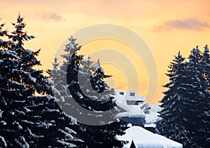 Houses covered with snow, Bansko, Bulgaria