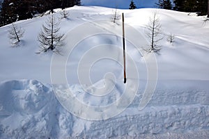 Houses covered by snow, trees,winter in Dolomiti mountains, in Cadore, Italy