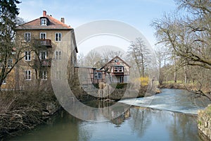 Houses at dam on Ilm river, Weimar