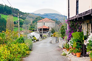 Houses decorated with flowers in San Marcelo Samarciellu village in Asturias