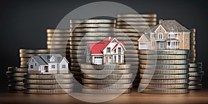 Houses of different size with different value on stacks of coins. Concept of property, mortgage and real estate investment