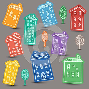Houses doodles on colored background