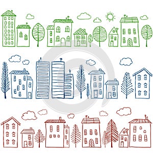 Houses doodles seamless pattern