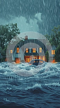 Houses engulfed in a torrential downpour amid a violent storm