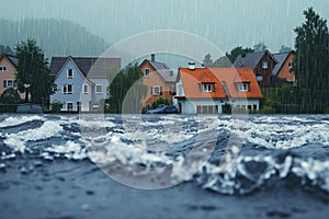 Houses engulfed in a torrential downpour amid a violent storm