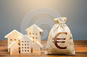 Houses and euro money bag. Investments in real estate and construction industry. Energy efficiency and costs for heating and home