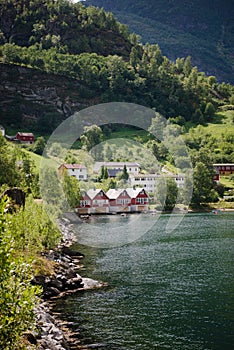 houses in Flam village near beautiful mountains Aurlandsfjord