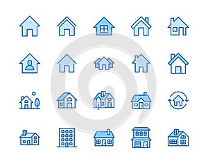 Houses flat line icons set. Home page button, residential building, country cottage, apartment vector illustrations