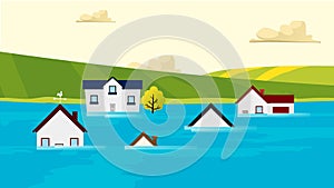 Houses flooding under water Vector. Nature disaster. Global warming
