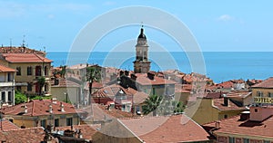 Houses of the French riviera with the Mediterranean sea in the background