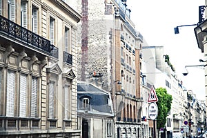 Houses on french streets of Paris. citylife concept, black balcony lace