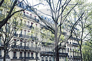 Houses on french streets of Paris. citylife concept, black balcony lace