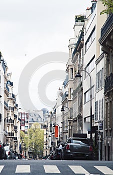 Houses on french streets of Paris. citylife concept, black balcony lace