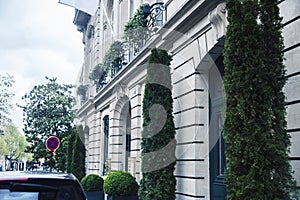 Houses on french streets of Paris. citylife concept, black balcony lace