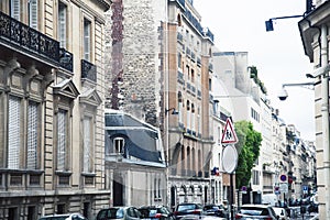 Houses on french streets of Paris. citylife concept, black balcony lace