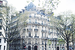 Houses on french streets of Paris. citylife concept, black balcony lace